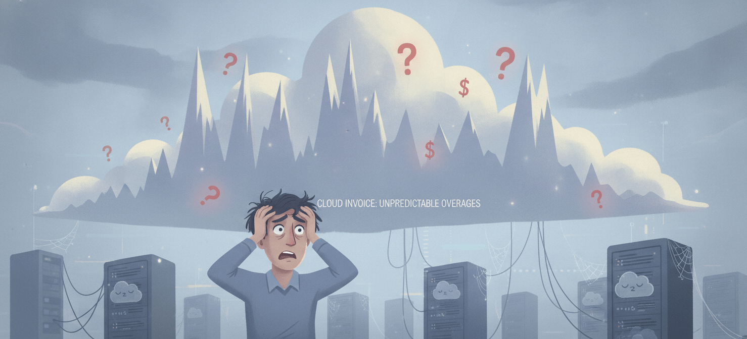 A person looking overwhelmed by an unexpectedly high and volatile cloud bill, surrounded by underutilized server racks and idle cloud resources, illustrating the financial burden of unpredictable cloud spending and overprovisioning.