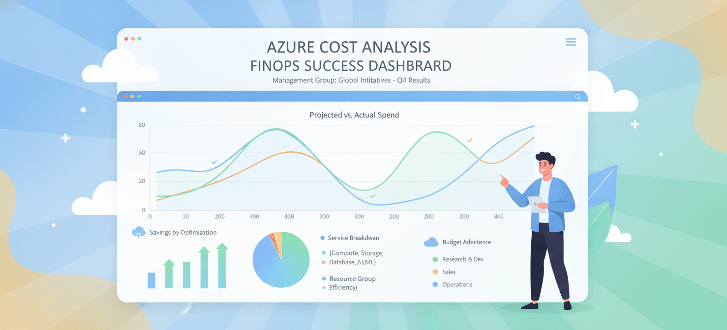 A positive illustration depicting a fully populated Azure Cost Analysis dashboard, displaying colorful charts, graphs, and cost breakdowns for a management group. A satisfied user looks at the screen, symbolizing the successful resolution of the 'Azure cost analysis management group no data' problem and the achievement of clear financial visibility.