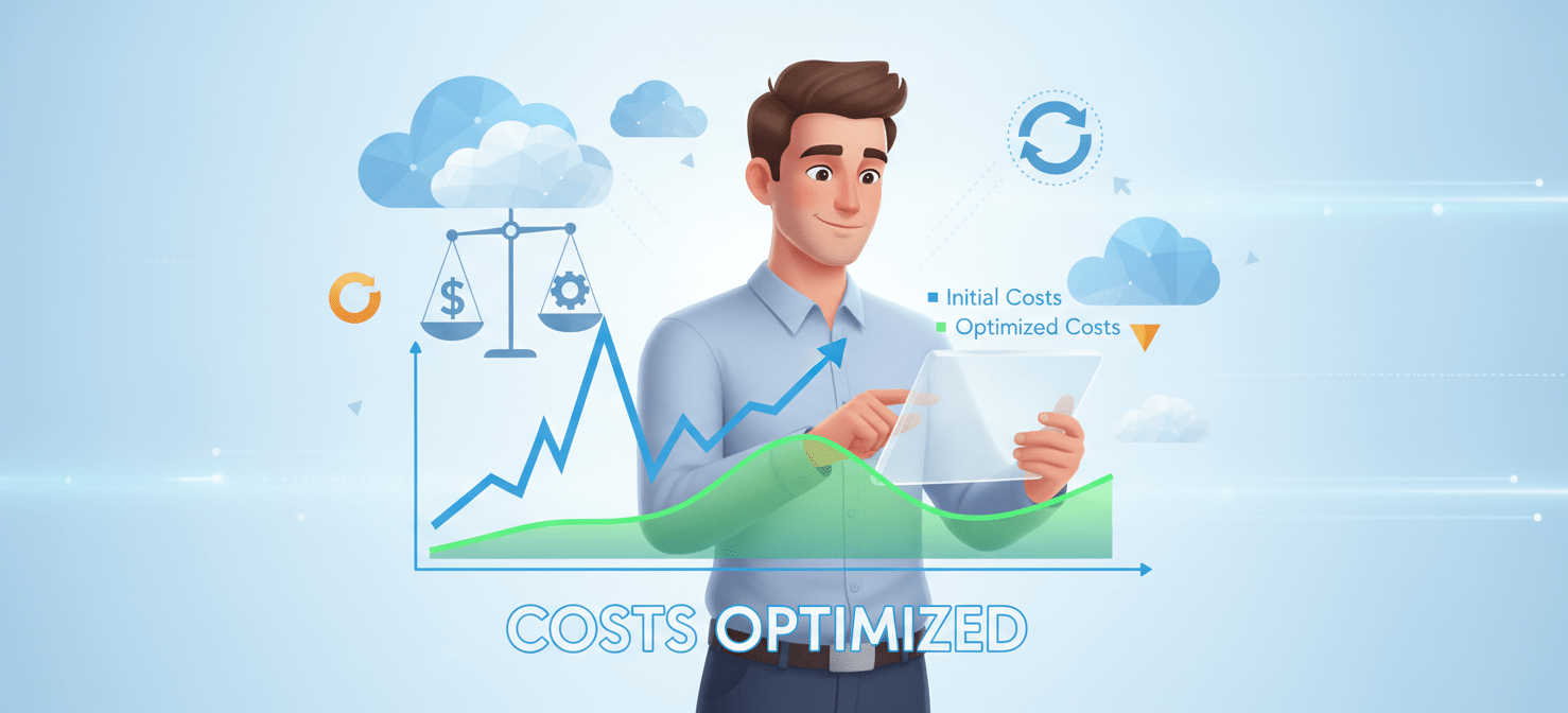 A positive illustration symbolizing successful cost optimization for Aurora Serverless v2. A graph shows a controlled and stable cost curve, contrasting with previous spikes. A person confidently reviews a tablet displaying optimized expenses, surrounded by balanced cloud infrastructure elements, representing a well-managed serverless database environment.