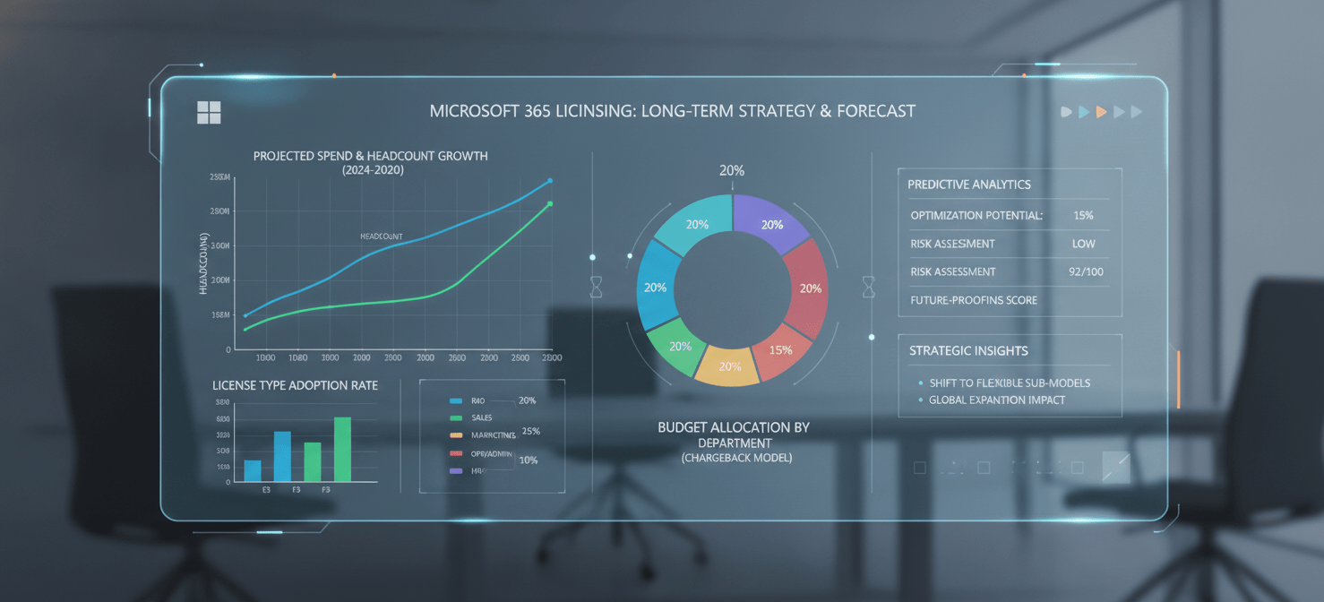 A predictive financial dashboard illustrating long-term Microsoft 365 budgeting and forecasting, integrating headcount projections, business initiatives, and a chargeback model for departmental cost accountability.
