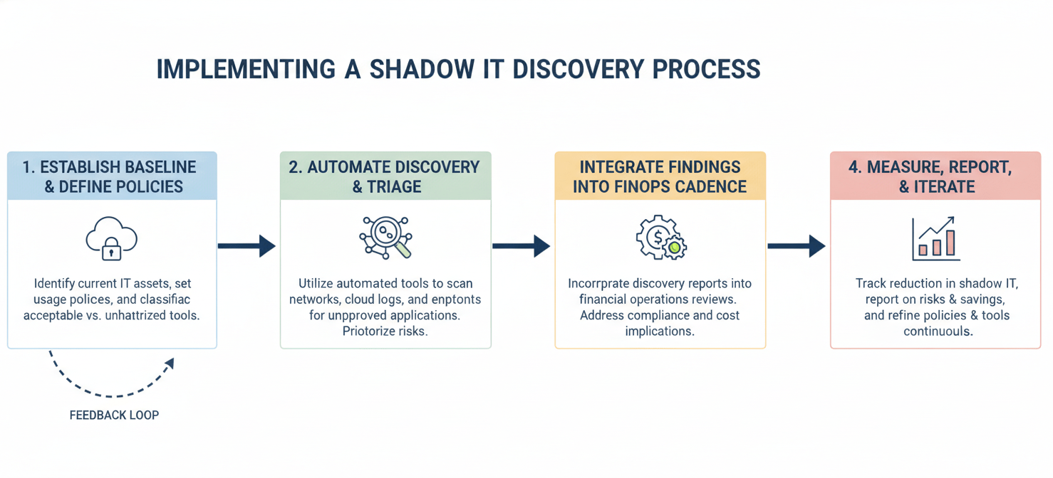 A process flow diagram illustrating the four key steps for implementing a shadow IT discovery and management process. Step 1: Establish Baseline & Define Policies, focusing on initial sweeps and tagging rules. Step 2: Automate Discovery & Triage, setting up alerts for new findings. Step 3: Integrate Findings into FinOps Cadence, incorporating reviews into regular meetings. Step 4: Measure, Report, & Iterate, continuously tracking KPIs and refining processes. This visual guide helps FinOps teams operationalize their shadow IT strategy.