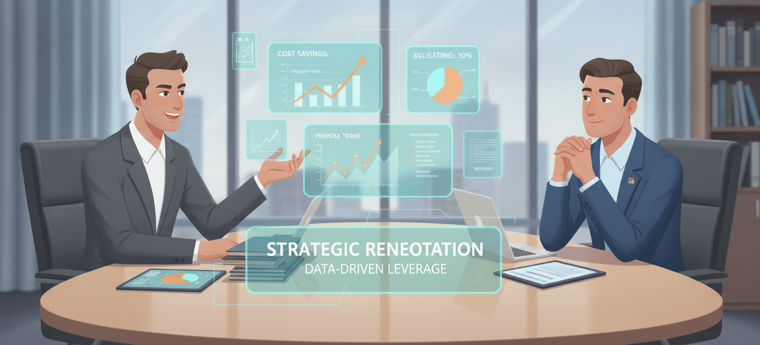 A professional illustration depicting a strategic negotiation meeting between an organization's representative and a Microsoft representative. The organization's side is well-prepared with data charts and reports, symbolizing the importance of leveraging independent data and understanding negotiation tactics to secure favorable terms during a microsoft license renewal.