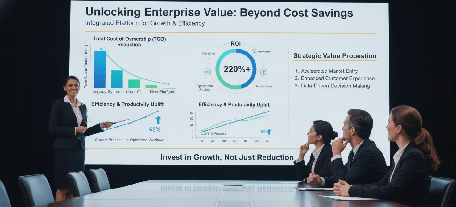 A professional presentation slide showcasing a data-driven business case for MDM renewal, featuring charts and graphs that visualize TCO, ROI, and efficiency gains, aimed at convincing decision-makers of its strategic value.