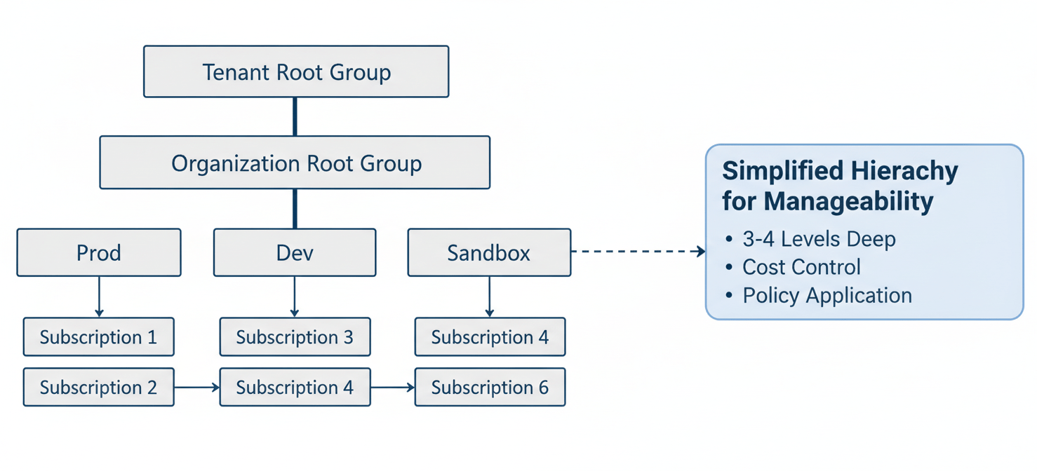 A recommended Azure Management Group hierarchy design, illustrating a flat structure with a Tenant Root, Organization Root, and primary groups like Production and Development, each containing subscriptions. This design optimizes for manageability and effective cost control.