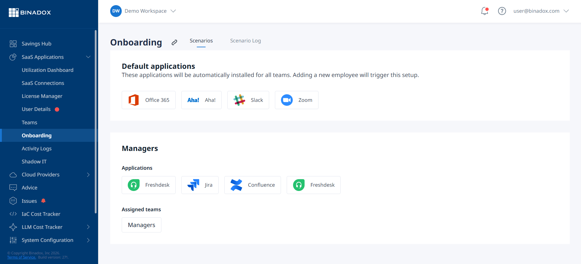 A screenshot of the Binadox platform demonstrating best practices for SaaS provisioning automation, including role-based access control (RBAC) settings, automated user provisioning, and immediate de-provisioning workflows for various SaaS applications.