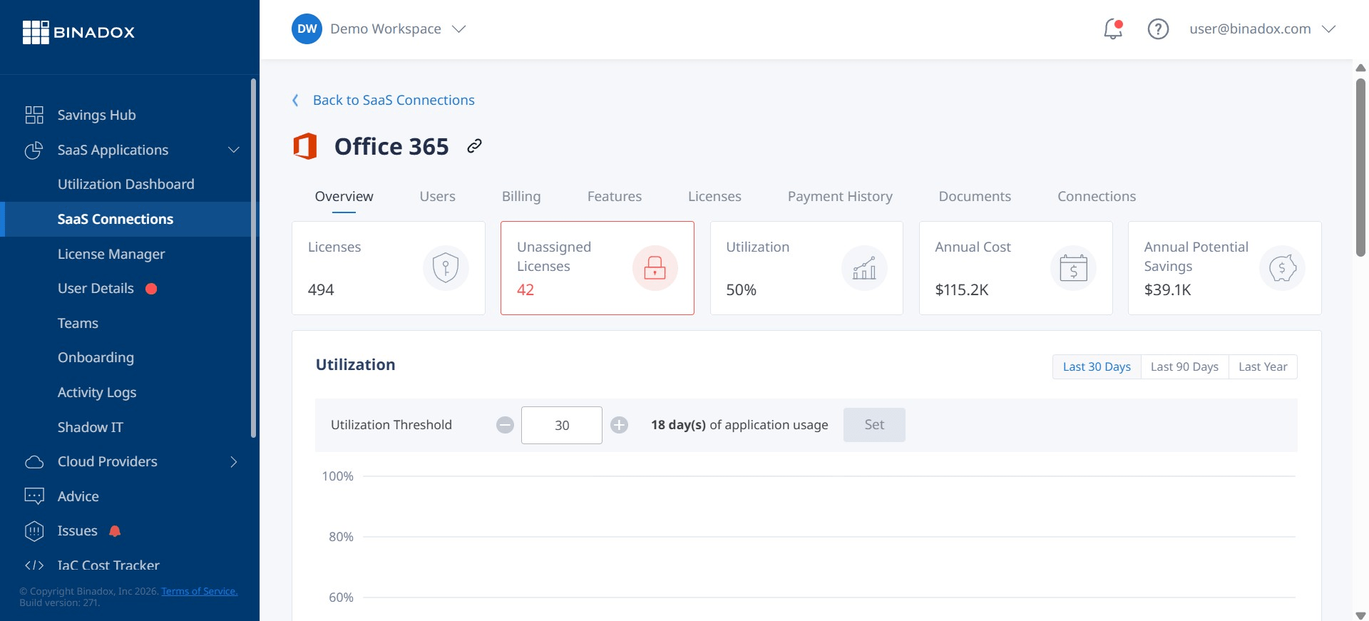 A screenshot of the Binadox platform's Microsoft 365 license management dashboard, clearly displaying a summary of active and inactive licenses, potential cost savings from optimization, and a breakdown of license types. The interface should be clean and intuitive, emphasizing automated insights over manual data collection.