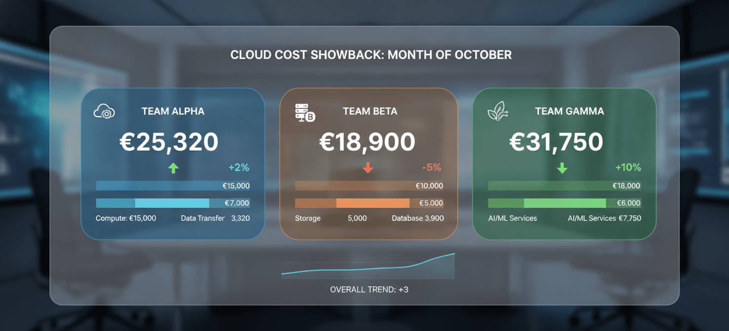 A 'showback' dashboard illustrating cloud cost attribution across multiple engineering teams, providing transparent reporting of their individual Azure spend to foster awareness and influence behavior without direct financial chargebacks.
