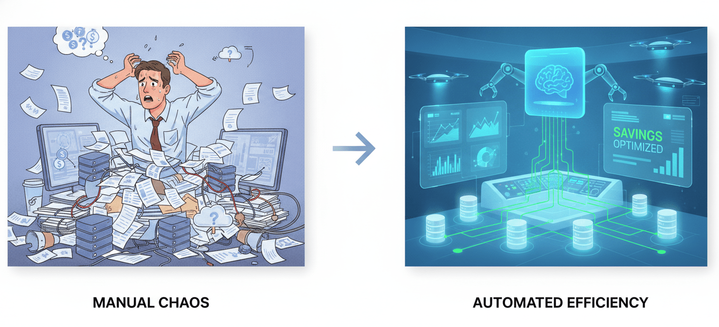 A split illustration contrasting manual and automated cost management: one side shows an overwhelmed engineer manually searching for waste, while the other depicts automated systems efficiently identifying and decommissioning idle cloud resources, highlighting the necessity of automation for effective cost control.
