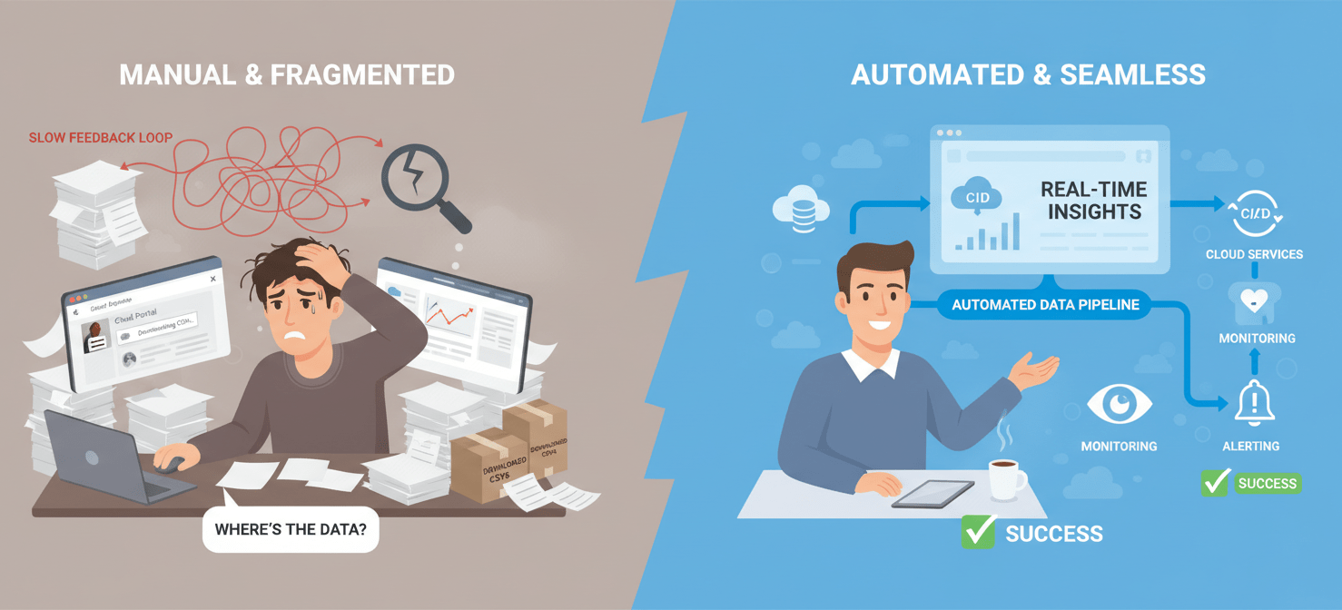 A split image contrasting manual and automated cost reporting. On one side, a frustrated engineer with manual CSV downloads and slow feedback. On the other, a streamlined, automated pipeline feeding real-time data to a dashboard, enabling proactive insights for a productive DevOps team.