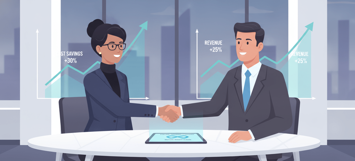 A startup founder or CTO engaging in strategic negotiation with a SaaS vendor, symbolizing effective vendor management. The image conveys the importance of never accepting the first offer and leveraging competition to secure better terms and pricing for software contracts.