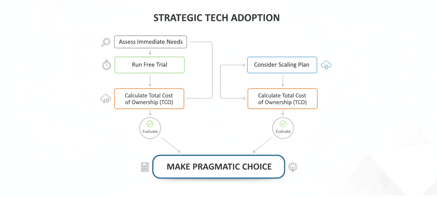 A strategic decision-making flowchart for startups, outlining steps to choose the right customer support tool: assessing immediate needs, considering scaling, running trials, and calculating total cost of ownership (TCO).