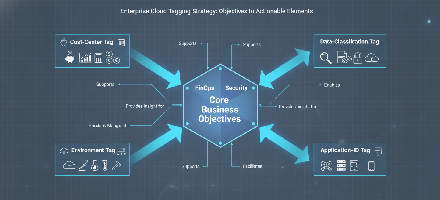 A strategic diagram illustrating how enterprise cloud tagging objectives align with key business and technical KPIs. The central theme shows core organizational goals such as FinOps, Security & Compliance, Automation & Operations, and Resource Management. From these objectives, specific mandatory tags like 'cost-center', 'data-classification', 'environment', and 'application-id' are derived, demonstrating a direct link between business needs and the practical implementation of a multi-cloud tagging framework. This visual emphasizes the importance of purpose-driven tag definition.