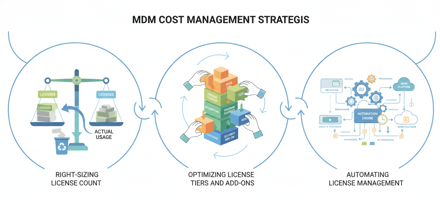 A strategic diagram illustrating key approaches for effective MDM licensing and cost management. It features concepts like right-sizing license counts through audits and reclamation, optimizing license tiers and add-ons based on evolving needs, and automating license management processes by integrating with HR systems for provisioning and de-provisioning.