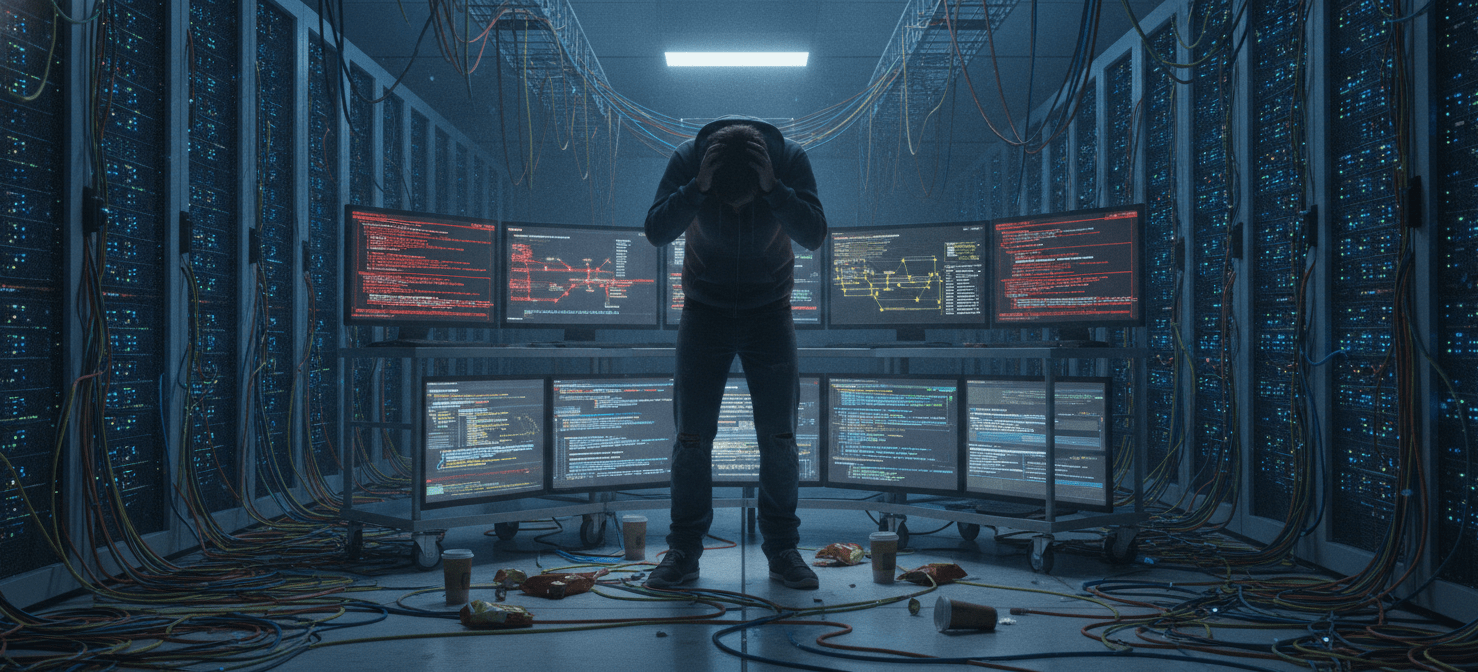 A stressed IT professional surrounded by complex server racks and multiple screens, illustrating the overwhelming breadth of responsibilities and isolation faced by a lone IT manager.