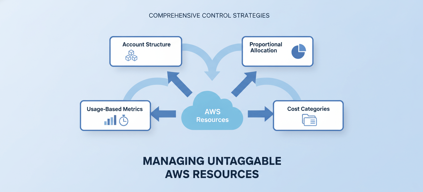 A summary illustration showing a holistic approach to managing untaggable AWS resources, combining strategies like account structure, proportional allocation, usage-based metrics, and AWS Cost Categories to achieve comprehensive cost clarity.