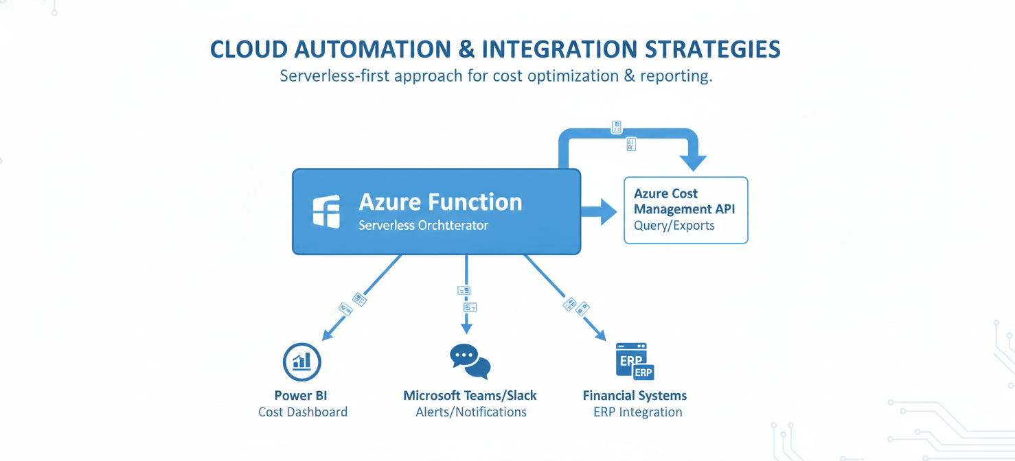 A system diagram illustrating how to automate and integrate Azure cost data. An Azure Function is depicted as the central hub, calling the Cost Management API to retrieve data. This data is then processed and routed to various destinations, including Power BI for visualization, Microsoft Teams for alerts, and external financial systems for comprehensive reporting, showcasing a robust FinOps automation strategy.