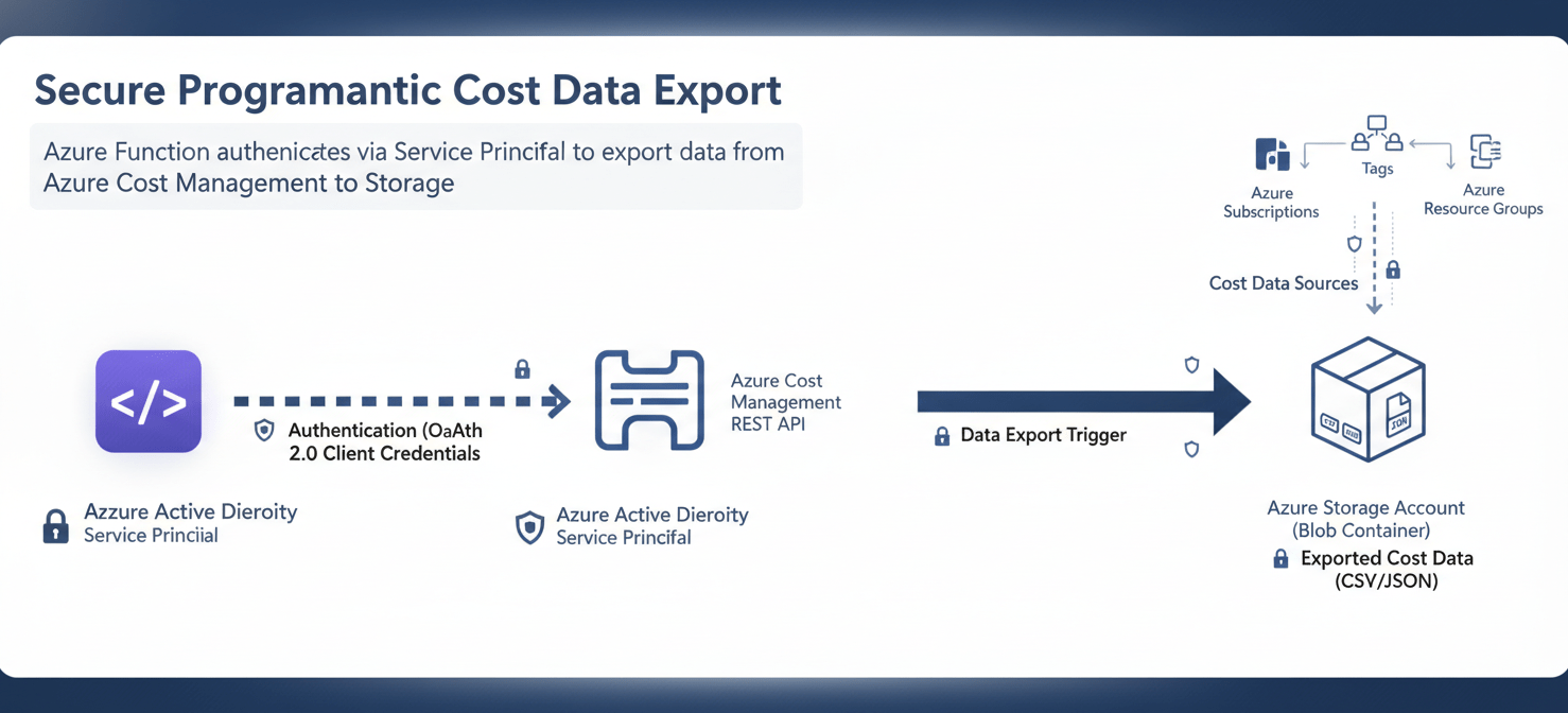 A technical diagram illustrating a robust Azure cost data pipeline. An application or Azure Function uses an Azure Active Directory Service Principal to authenticate and interact with the Azure Cost Management REST API, which then initiates a secure data export to an Azure Storage Account for further processing and analysis.