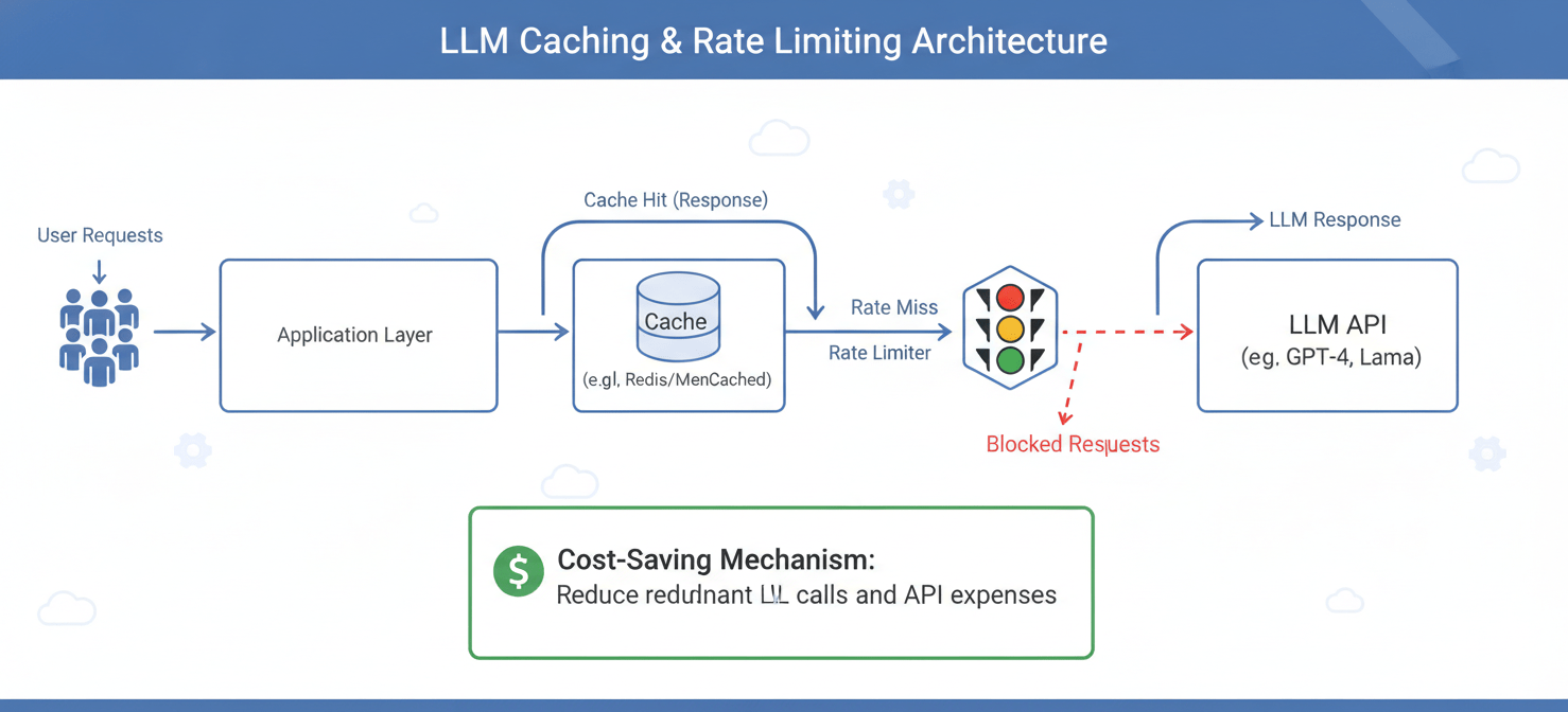 A technical diagram illustrating the implementation of caching and rate limiting in an LLM application architecture. User requests first check a cache, reducing redundant API calls and saving costs. A rate limiter acts as a protective gate, preventing excessive queries to the LLM API and safeguarding against unexpected usage spikes, thereby preserving the startup's budget.