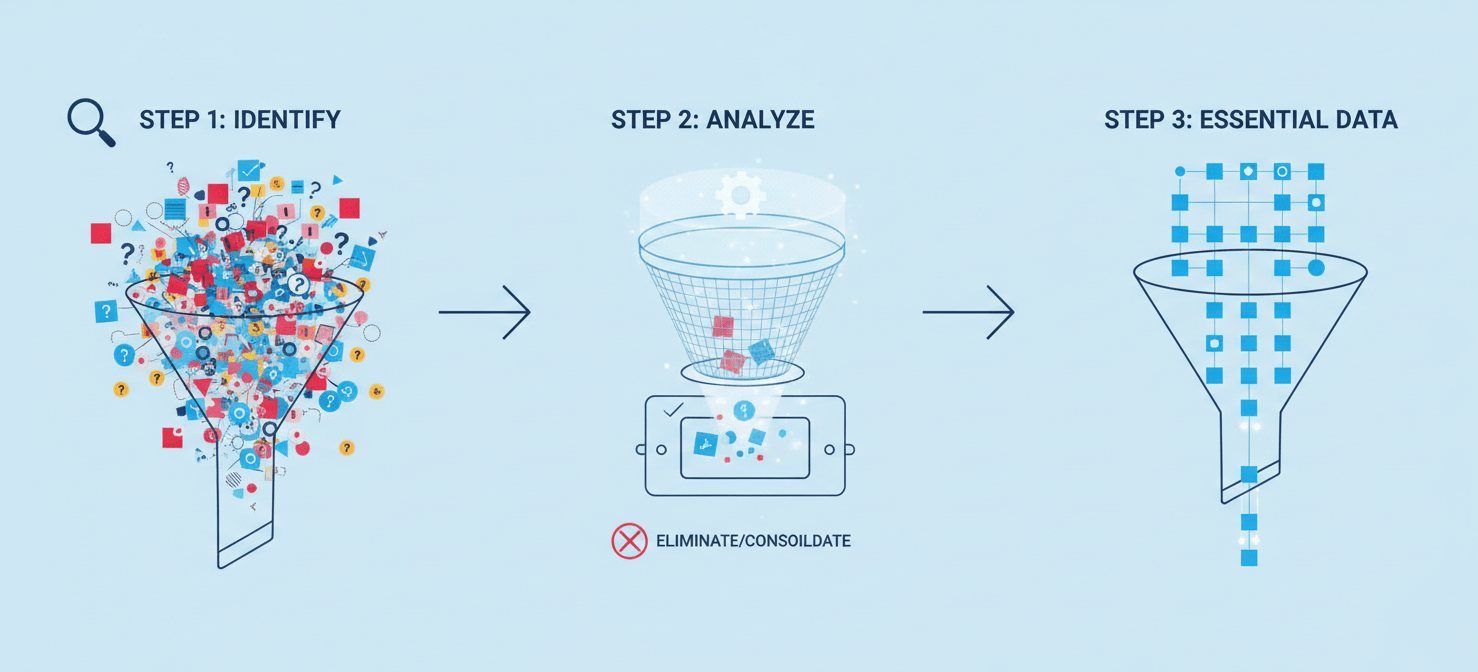 A three-step infographic illustration depicting a systematic process for culling unnecessary cloud metrics. It shows a large volume of raw data being identified, then analyzed and filtered, resulting in a smaller, refined set of essential metrics. This visual represents the audit, analysis, and elimination phases of metric optimization.