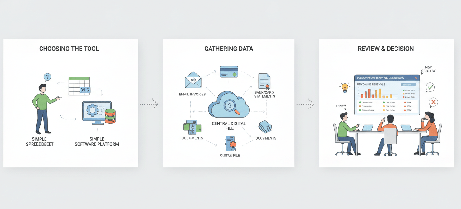 A three-step visual guide illustrating the process of setting up and using a subscription tracker. The first panel shows choosing between a spreadsheet or dedicated software, the second depicts consolidating data from various sources, and the third shows a team reviewing upcoming renewals, emphasizing a systematic approach.