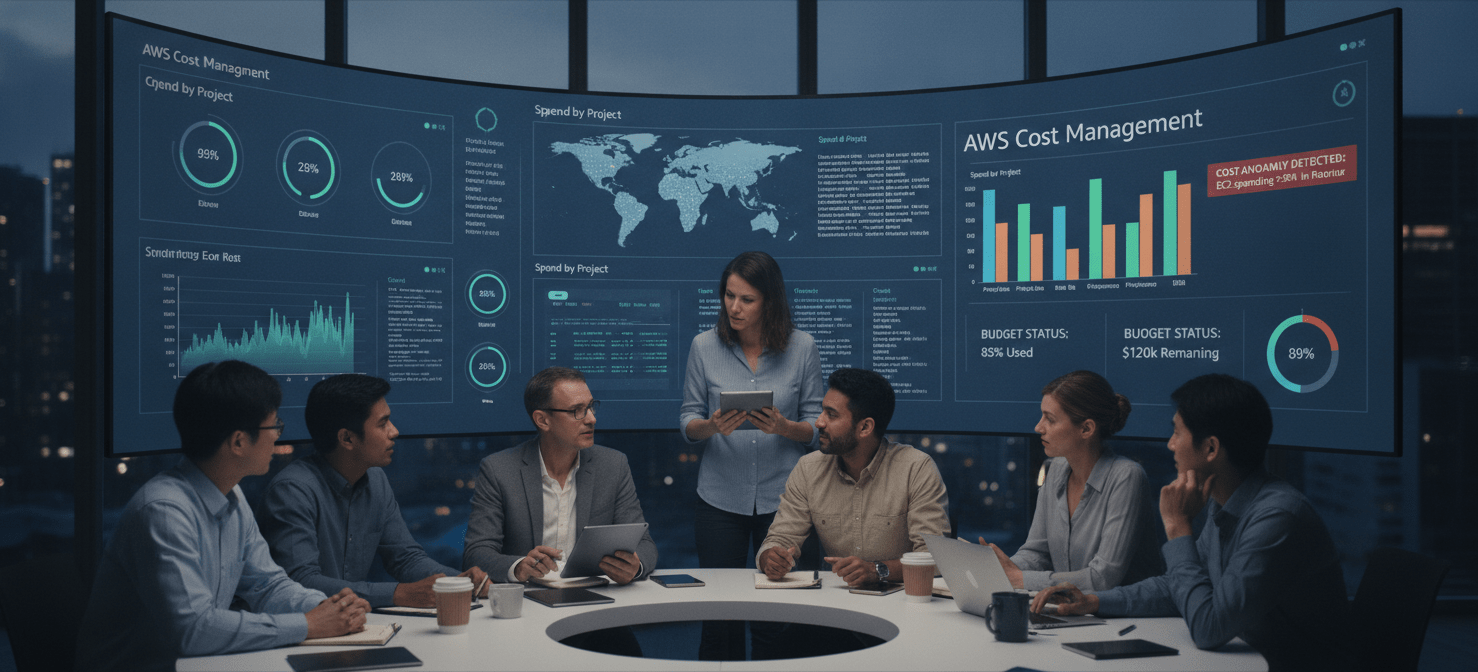 A vibrant illustration depicting an engineering team actively engaging with a dashboard that integrates AWS cost metrics alongside performance and security data, symbolizing a culture where cost ownership is a core non-functional requirement for effective AWS cost governance for engineering teams.