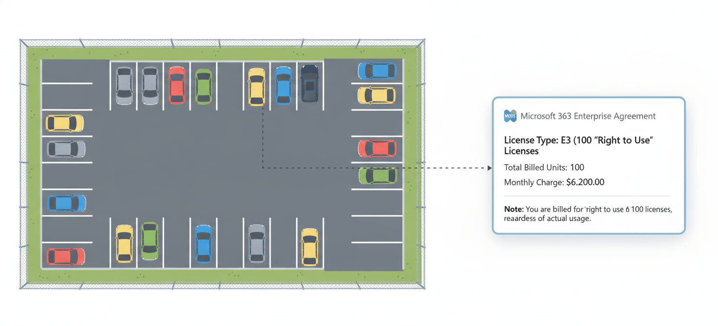 A visual analogy comparing Microsoft 365 licenses to a block of purchased parking spaces, illustrating that the cost is for the availability of the spaces, not just their active use, explaining why unassigned licenses still incur charges.