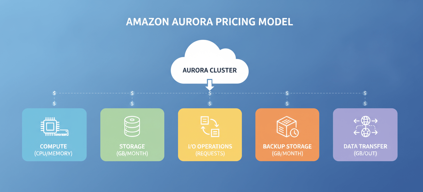 A visual breakdown of Amazon Aurora's pricing model, illustrating the key components that contribute to the total cost: compute instance hours, data storage, I/O operations, backup storage, and data transfer fees.