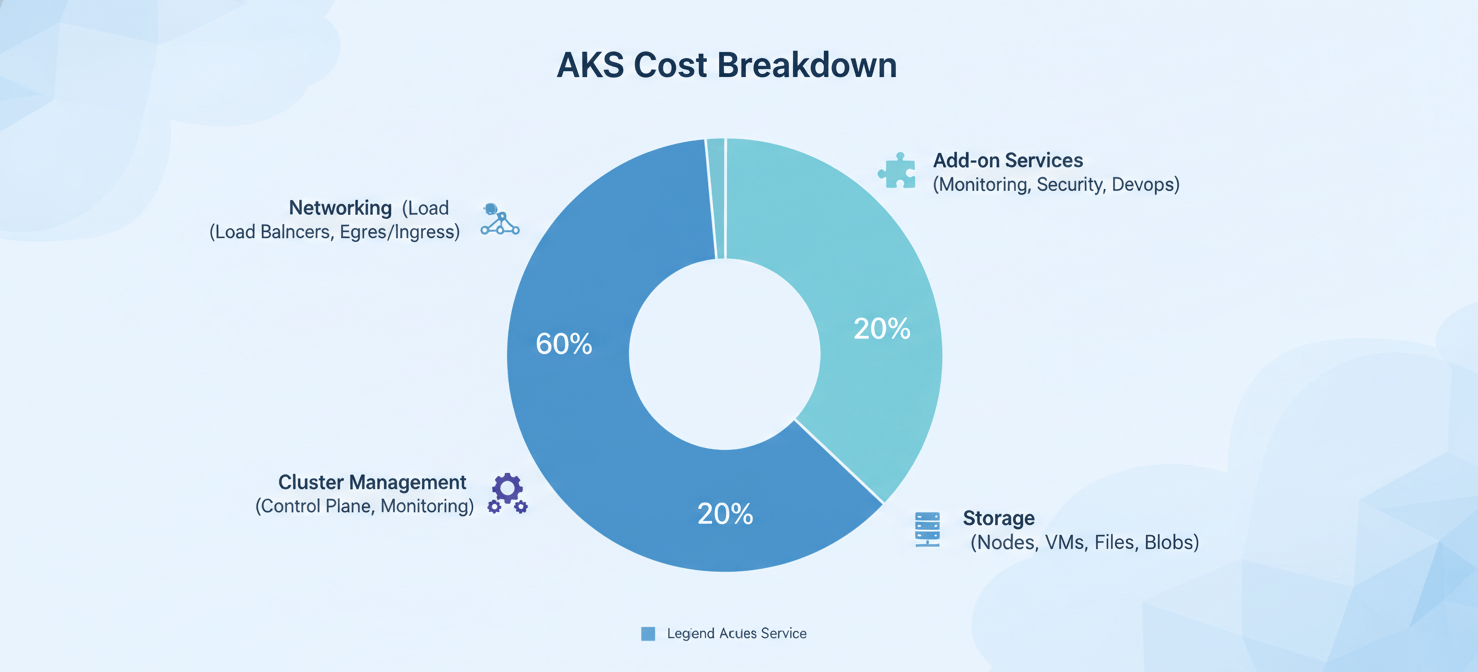 A visual breakdown of Azure Kubernetes Service (AKS) costs, detailing the proportions spent on compute (worker nodes), storage, networking, cluster management, and various add-on services.