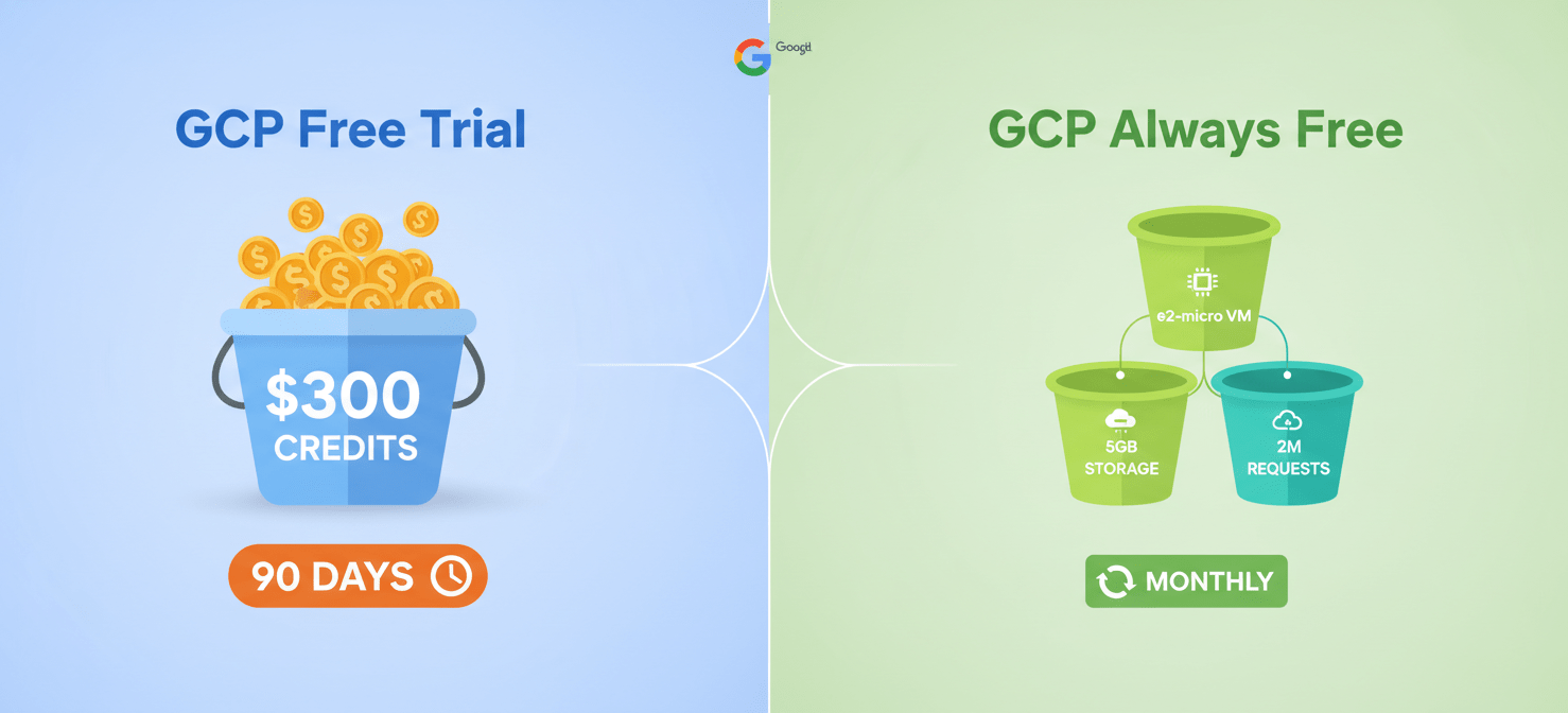 A visual comparison between Google Cloud's Free Trial, offering 0 in credits for 90 days, and the Always Free tier, which provides recurring monthly limits for specific services like Compute Engine and Cloud Storage. The illustration highlights the distinct nature of each free offering.
