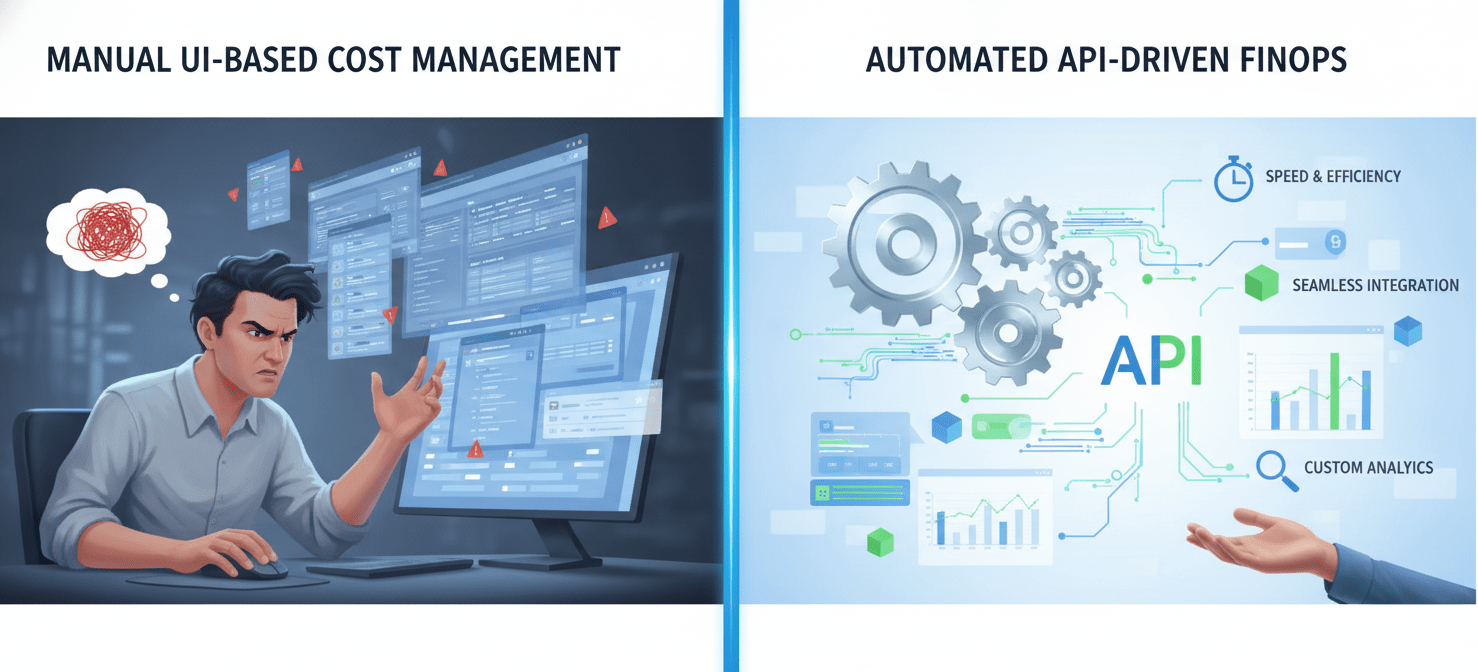 A visual comparison between manual cloud cost management and API-driven automation. The left side depicts the limitations of manual interaction with a complex user interface, while the right side illustrates the efficiency, integration, and custom analytical capabilities achieved through programmatic access to cost data.