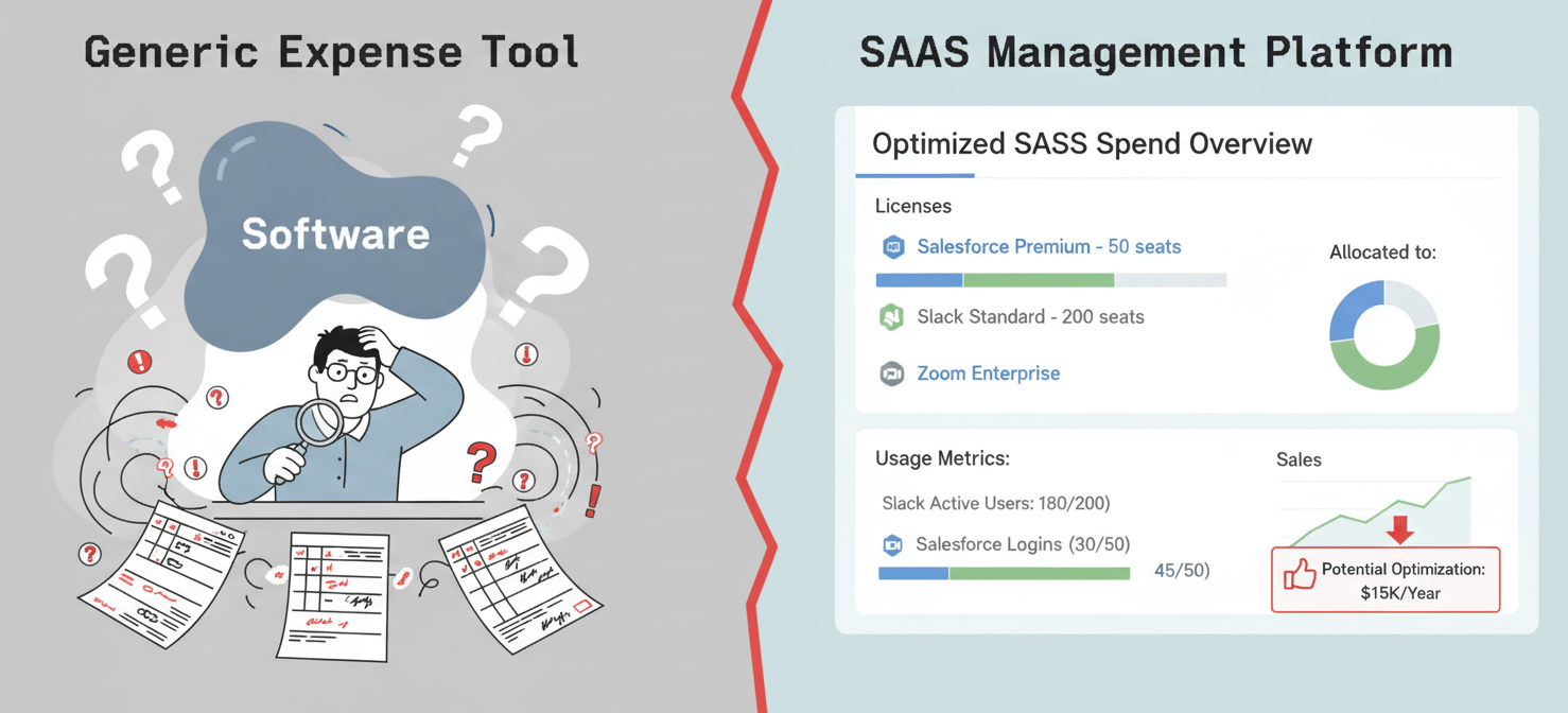 A visual comparison demonstrating the limitations of generic expense tools versus the detailed insights provided by a specialized SaaS management platform. The left shows a vague 'Software' expense, while the right displays granular license allocation, usage data, and departmental attribution, highlighting the need for specific SaaS data.
