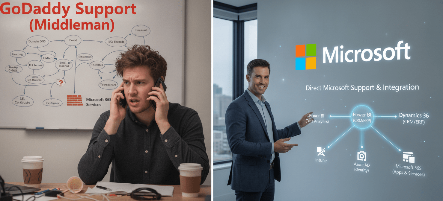 A visual comparison highlighting the differences in support and integration between GoDaddy and direct Microsoft 365. One side shows the convoluted process of GoDaddy support, while the other illustrates seamless integration with Microsoft's ecosystem and direct expert support.