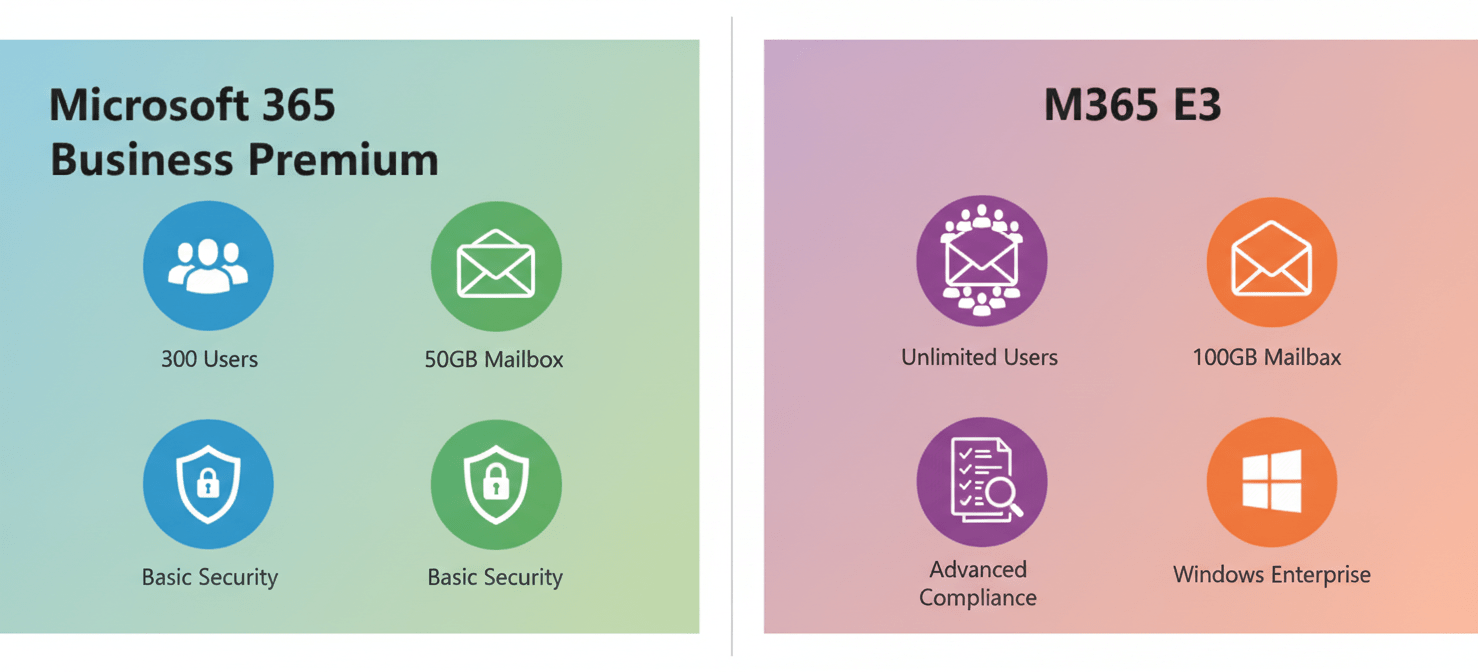 A visual comparison highlighting the key differences between Microsoft 365 Business Premium and M365 E3. The Business Premium side shows limitations like 300 users and smaller mailbox sizes, while the M365 E3 side emphasizes unlimited users, larger mailboxes, advanced compliance, and the inclusion of Windows Enterprise, illustrating the expanded capabilities of the Enterprise plan.