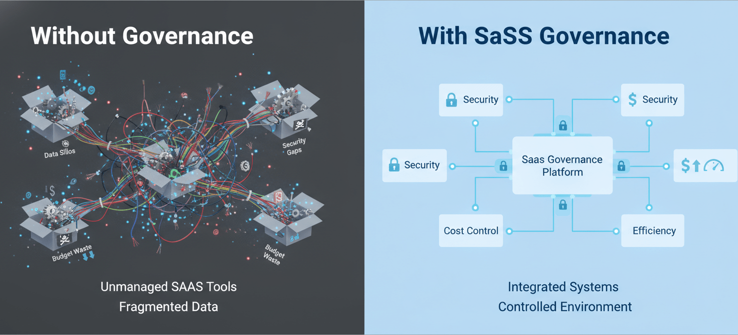 A visual comparison illustrating the difference between an ungoverned SaaS environment (chaotic, siloed, insecure) and a governed one (streamlined, integrated, secure), highlighting the benefits for engineering teams.