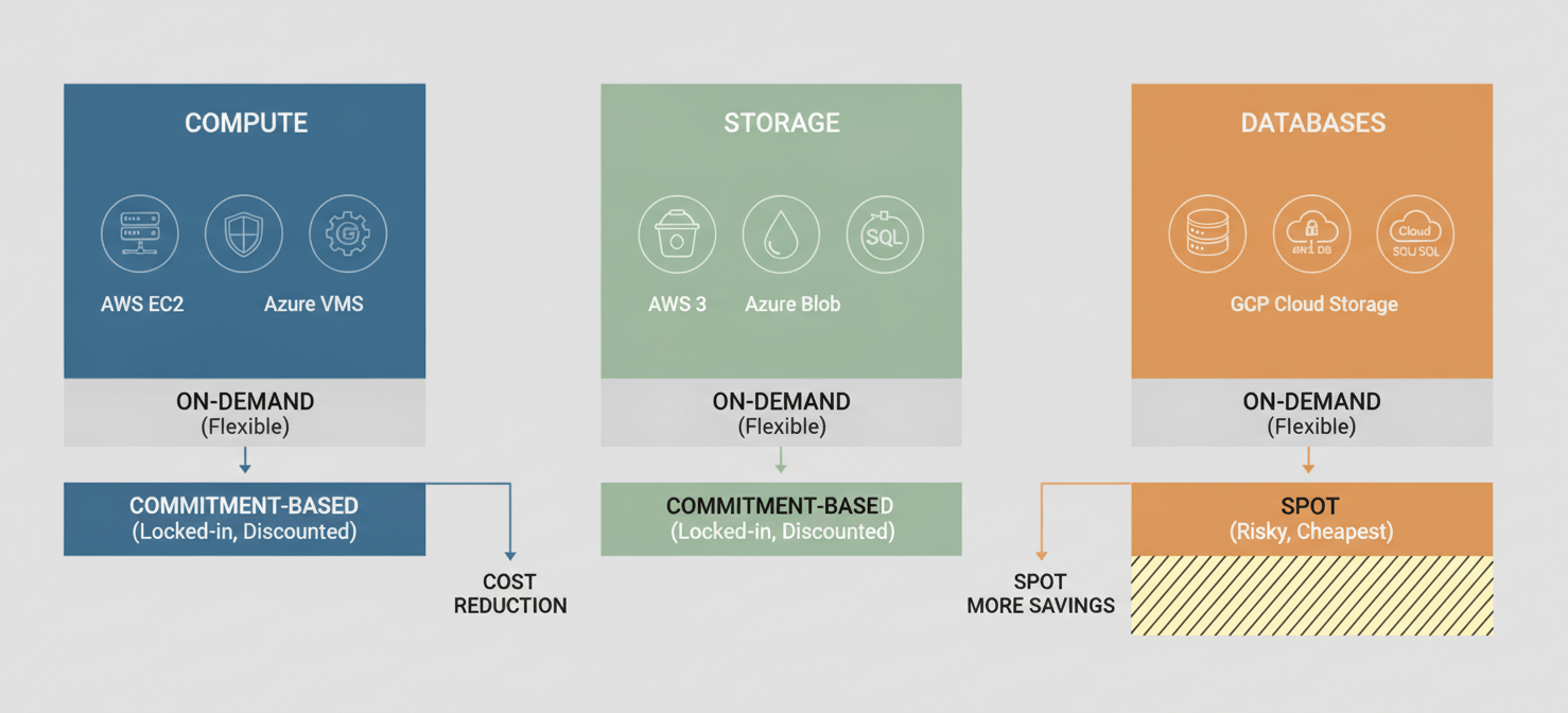 A visual comparison of core cloud service pricing across compute, storage, and managed databases, illustrating different payment models like on-demand, commitment-based discounts, and spot instances, highlighting cost variations.