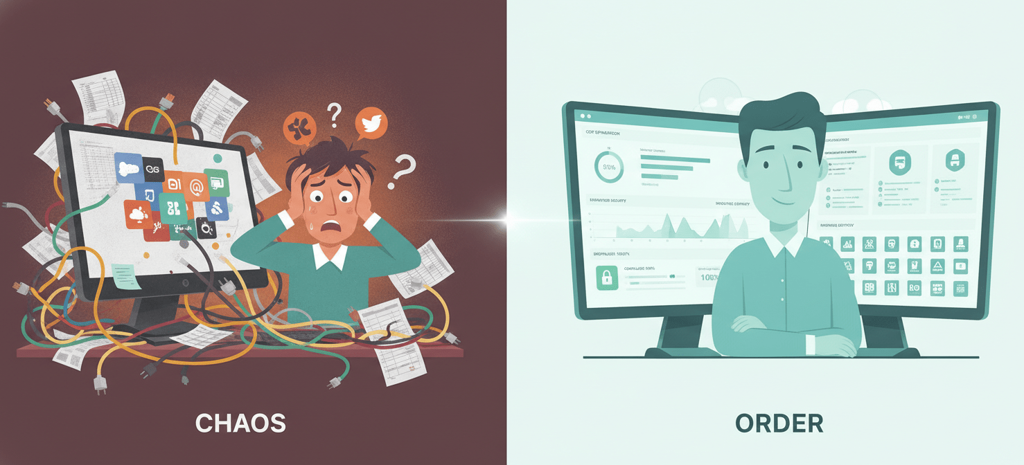 A visual comparison showing the contrast between unmanaged SaaS (chaos, tangled wires, scattered apps, stressed person) and managed SaaS (order, clean dashboard, organized apps, confident person), highlighting benefits like cost optimization, security, and efficiency.