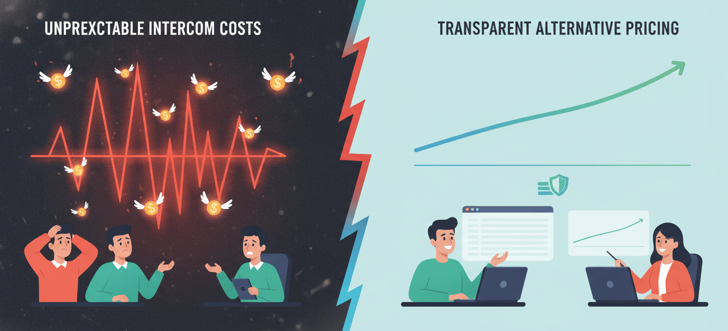 A visual comparison showing the unpredictability of high, usage-based software costs versus the stability and predictability of transparent, flat-rate pricing models, highlighting the financial relief for a startup's burn rate.