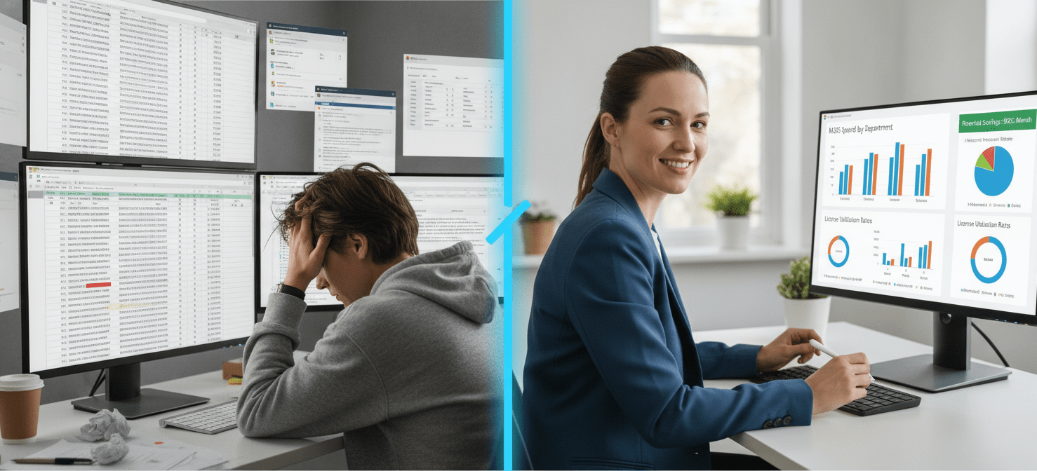 A visual contrast showing a FinOps analyst struggling with a complex, manually updated Excel spreadsheet and multiple Microsoft admin portals for M365 data, juxtaposed with a streamlined, automated dashboard from a specialized platform offering clear, actionable insights.