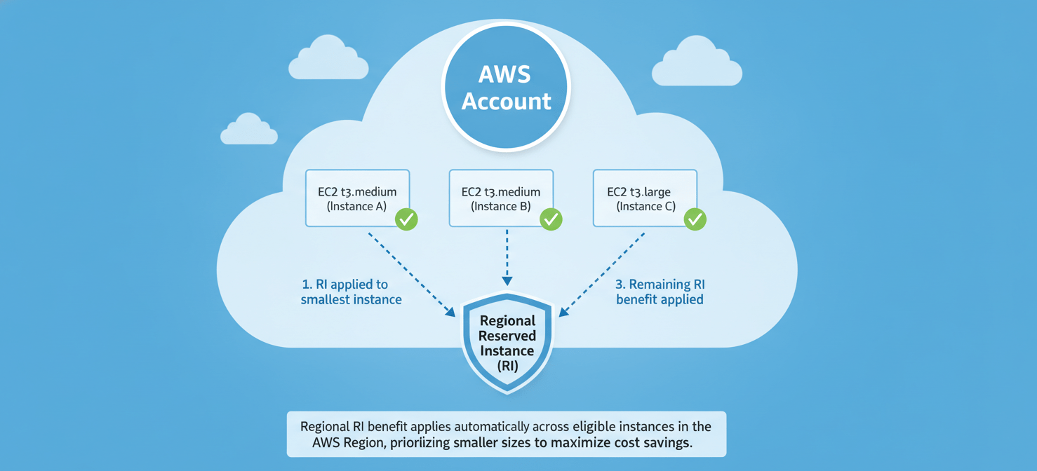 A visual example of how AWS prioritizes applying size-flexible Reserved Instances to the smallest eligible EC2 instances first within an instance family to maximize cost savings.