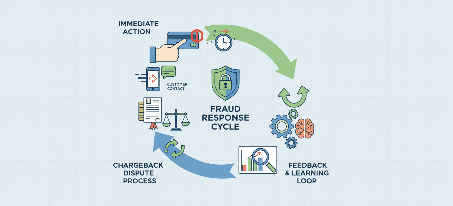 A visual guide to responding to suspected fraudulent transactions, outlining immediate action steps, the chargeback dispute process, and the continuous cycle of learning and adapting prevention strategies.