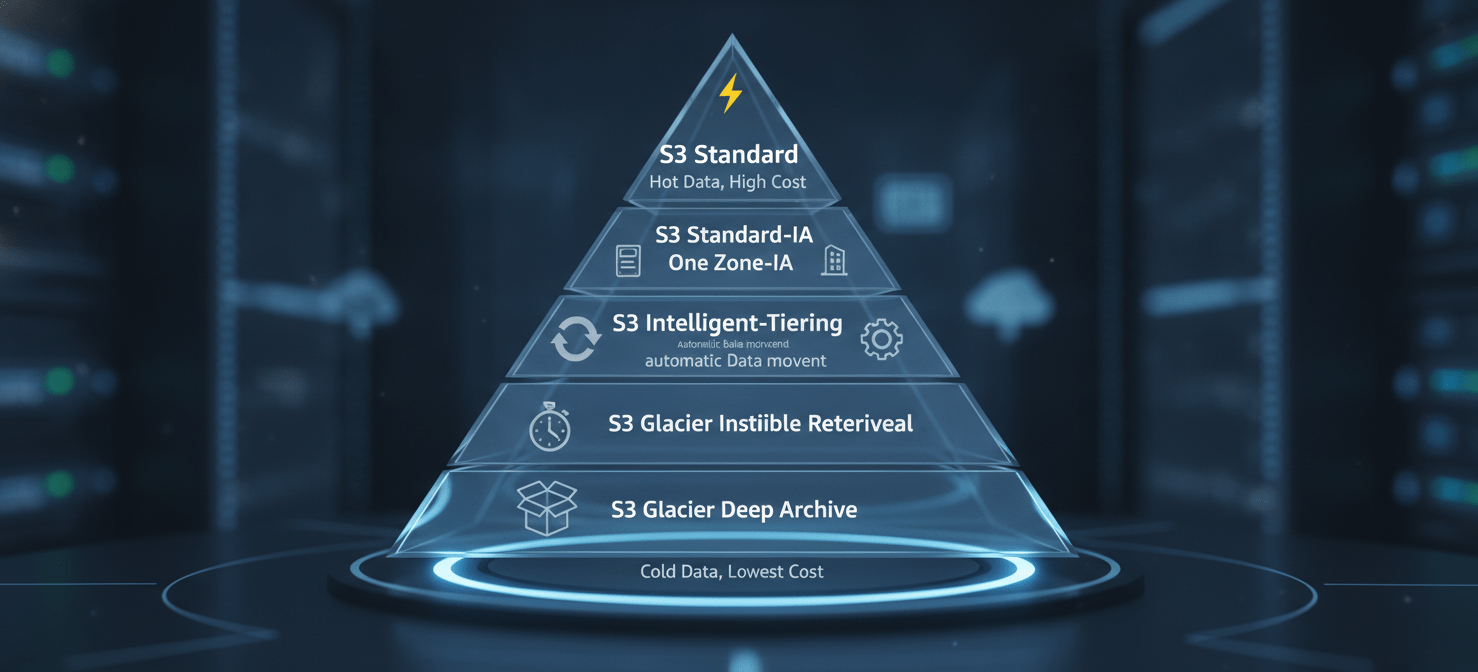 A visual hierarchy of Amazon S3 storage classes, from S3 Standard for frequently accessed data down to S3 Glacier Deep Archive for long-term archival, illustrating the cost-performance trade-offs for different data access patterns.