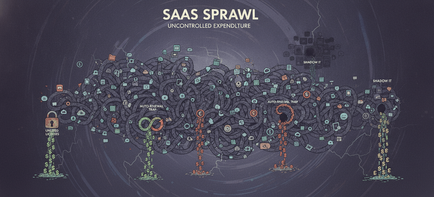 A visual metaphor showing money leaking from a tangled web of redundant and unused software applications, illustrating the hidden costs of unmanaged SaaS sprawl, including license waste, auto-renewals, and shadow IT.