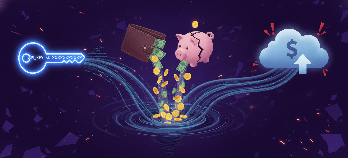 A visual metaphor showing money quickly disappearing from a digital wallet, with an exposed API key prominently displayed. Uncontrolled data flows from the key, symbolizing the rapid financial drain and service disruption caused by unsecured LLM endpoints and API key compromises.