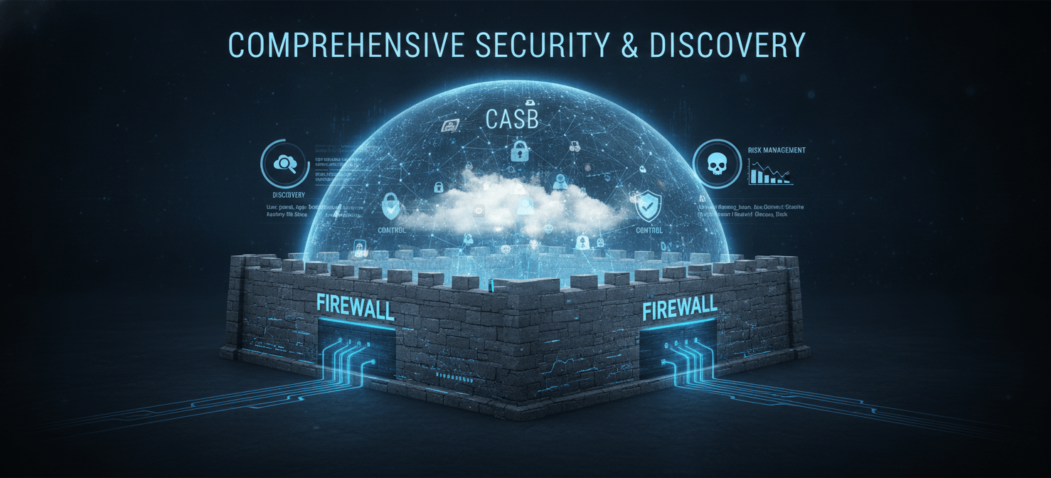 A visual representation of a comprehensive security strategy combining a firewall and a CASB. The firewall provides initial perimeter defense and discovery, while the CASB adds deep contextual intelligence, risk management, and control over cloud applications, offering a complete picture against shadow IT.