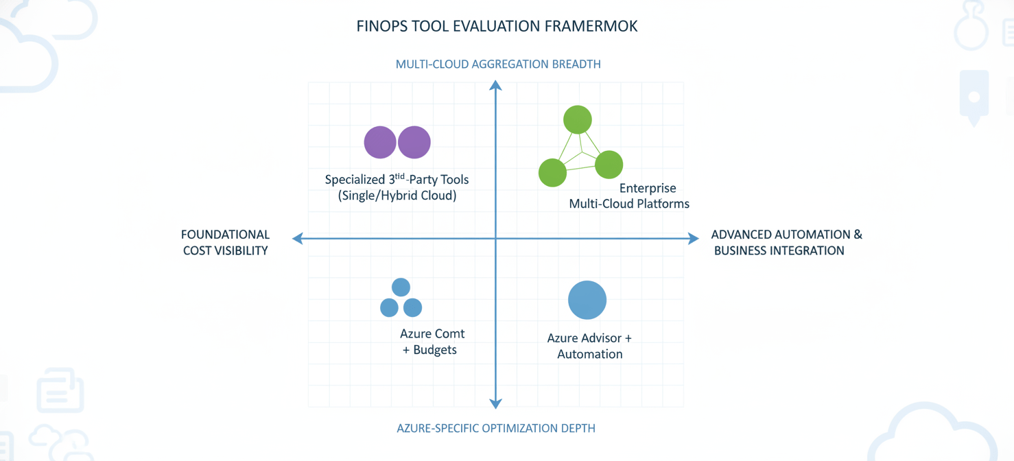 A visual representation of a FinOps tool evaluation framework, plotting solutions based on their capabilities across two key dimensions: the spectrum from foundational cost visibility to advanced automation and business integration, and the range from deep Azure-specific optimization to broad multi-cloud aggregation.