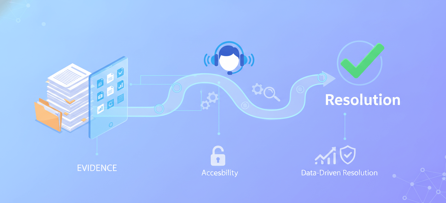 A visual representation of a robust dispute resolution process, featuring an accessible customer support channel, quick response times, and the organized collection of compelling evidence for responding to chargebacks, leading to successful outcomes.