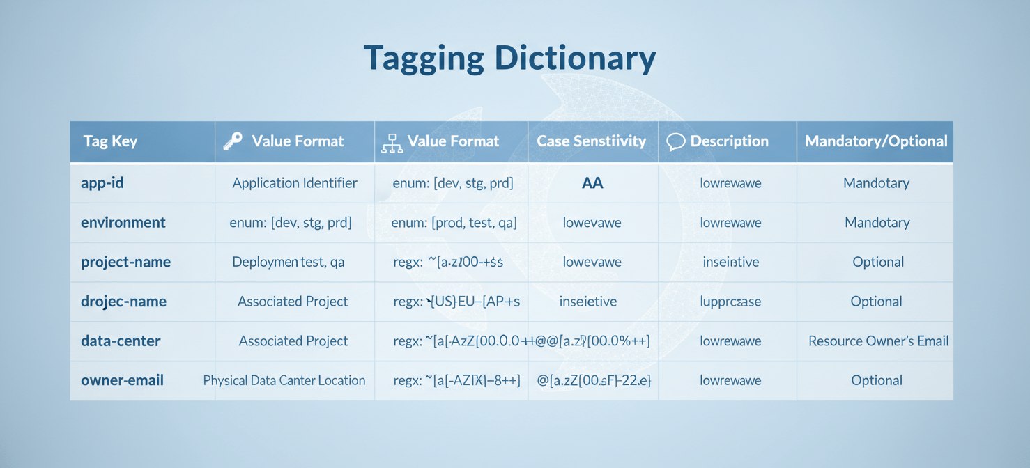 A visual representation of a standardized enterprise cloud tagging dictionary, emphasizing its structured and machine-readable nature. The diagram showcases key attributes for each tag, including the 'Tag Key' (e.g., `cost-center`), 'Value Format' (e.g., regex patterns or enumerated lists), 'Case Sensitivity' rules, a clear 'Description', and whether the tag is 'Mandatory' or 'Optional'. This illustration highlights the critical components required to establish unambiguous and consistent tagging standards across a multi-cloud environment, ensuring data integrity and automation readiness.