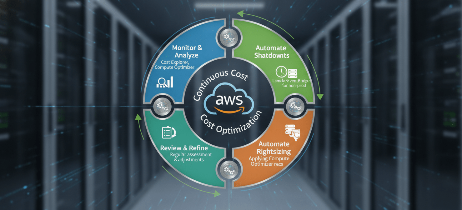 A visual representation of automated AWS cost control, depicting scheduled shutdowns of non-production environments and the automatic application of rightsizing recommendations, creating a continuous loop for efficient resource management, as part of an effective aws cost optimization guide.
