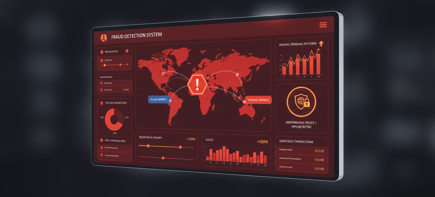 A visual representation of common red flags in online transactions, including mismatched addresses, unusual purchasing behavior, and suspicious technical details like VPN usage, highlighting key indicators for fraud detection.