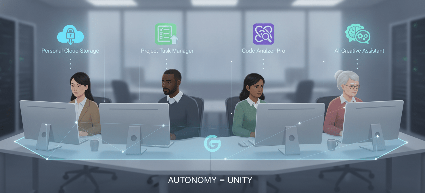 A visual representation of common shadow IT examples within an engineering team, showing various unsanctioned tools like personal cloud storage, project management apps, specialized development utilities, and generative AI assistants being used by individual engineers. The image emphasizes how developers adopt these tools for perceived efficiency, often outside the official IT procurement and oversight channels.